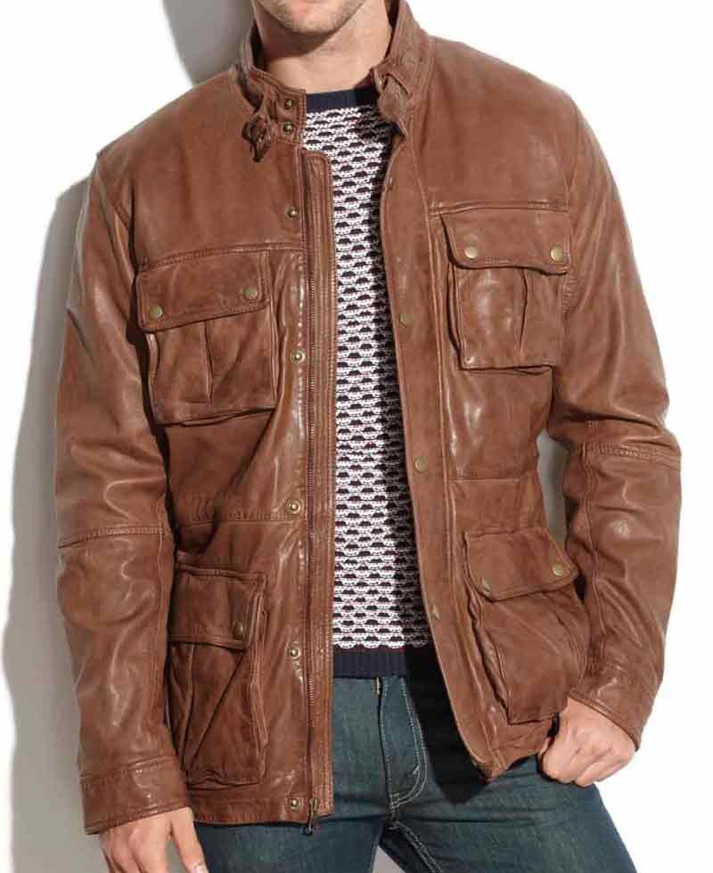 Men's Four Pockets Biker Vintage Brown Leather Jacket